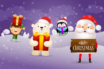 Santa and his friends on Christmas card. Cartoon characters on snowy purple background. Lettering can be used for greeting card, poster, leaflet