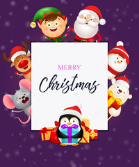 Winter lettering with cute penguin. Christmas festive banner design in frame with smiling cartoon characters on purple background. Lettering can be used for gift card, placard, invitation