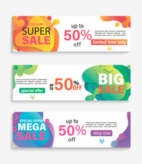 Set of horizontal liquid abstract sale banners. Discounts and promotions posters and flyers. Fluid gradient dynamic elements for advertise, mobile flash messages, social post, presentations. Vector.