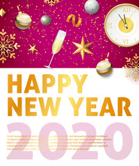 Happy New Year, Two Thousand Twenty lettering, sample text. New Year Day poster. Typed text, calligraphy. For leaflets, brochures, invitations, posters or banners.