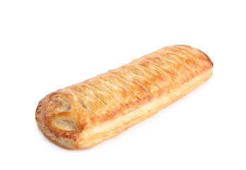 Fresh tasty puff pastry on white background