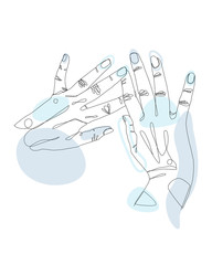 Naklejka premium continuous single non-painted one-line intertwined hands of a woman drawn by hand picture silhouette. Line art. hands woven vector illustration. Simple, minimalistic art. Black and white one linear