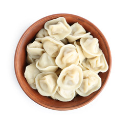 Tasty dumplings in bowl isolated on white, top view
