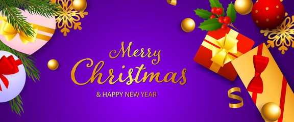 Fototapeta na wymiar Merry Christmas and Happy New Year festive poster. Design with Christmas balls, swirl elements on violet background. Lettering can be used for greeting cards, posters, leaflets