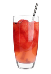 Glass of watermelon ball cocktail on white background