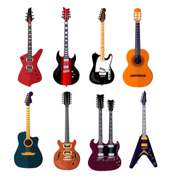 Concert guitar set. Electric, acoustic, string musical instrument. Music concept. Vector illustrations can be used for topics like rock-n-roll, metal, blues