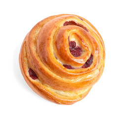 Fresh delicious sweet pastry on white background, top view