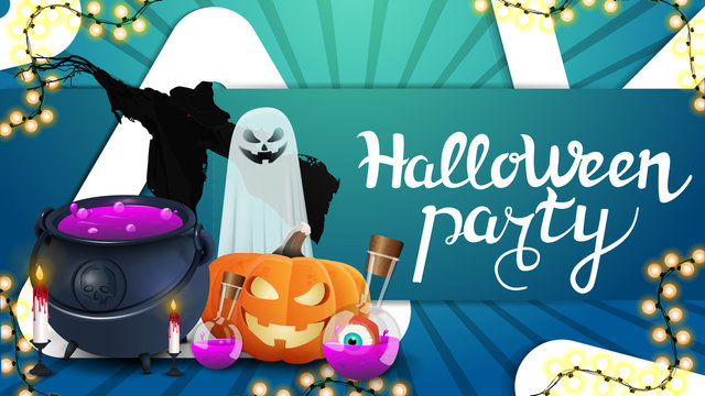Halloween party, green invitation flyer with large triangle, garland, ghost, Jack pumpkin, witch's cauldron with potion and Scarecrow