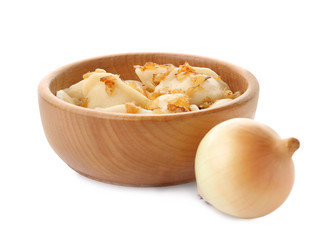 Delicious cooked dumplings with onion on white background