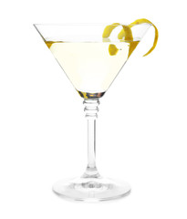 Glass of lemon drop martini cocktail  with zest on white background