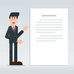 Business man and signboard. Business presentation or announcement.Illustration