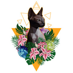 Polygon cat sphinx on a background of tropical flowers and leaves. T-shirt print design, vector illustration