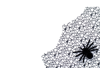 halloween, decoration and horror concept - decoration of artificial spider web with spider isolated on white background.