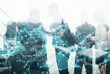 Network background concept with business people silhouette. Double exposure and network effects