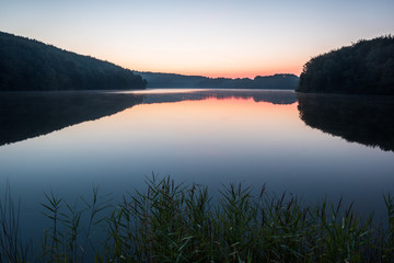 Peaceful morning at the lake Ukleisee in the middle of forest, reed in foreground, Eutin, Schleswig-Holstein, Germany