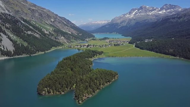 Aerial panorama of Engadin valley and Silvaplana lake, Graubunden, Switzerland.