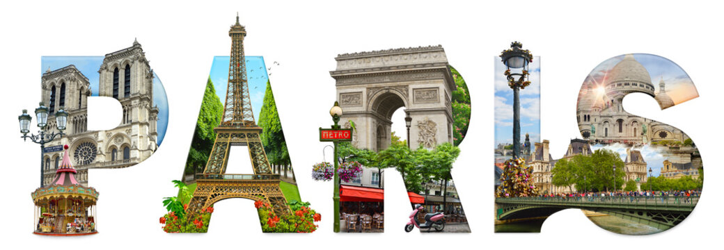 Paris city landmarks. Word illustration of most famous Paris monuments and places.