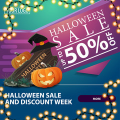 Halloween sale and discount week, square discount banner with wooden sign, witch hat and pumpkin Jack