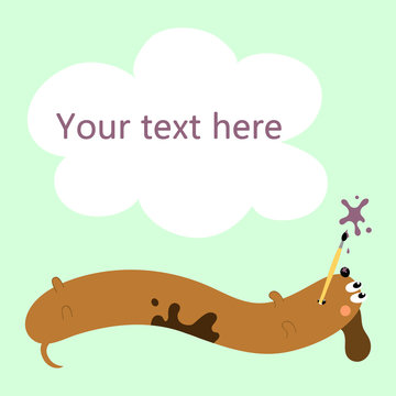 Cute cartoon dog is lying on his back with a brush in it's mouth and painting a blot. Childish  illustration of funny long dachshund with place for text on the clouds in the blue sky. 