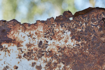 Rusty metal texture background with cracked white paint