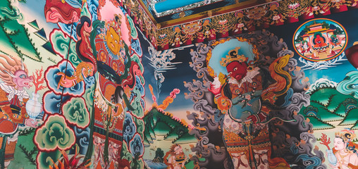 Buddhist colorful art on the walls of Hemis Monastery, Ladakh.