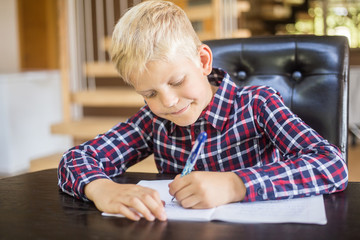 Happy schoolboy writing to notebook at home. Homework. Education, childhood and people concept