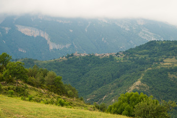 Beautiful scenic landscape view on a foggy day in Ordesa and monte Perdido National Park