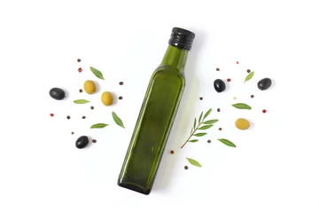 Foto op Plexiglas olive oil in a bottle on a white background top view. © White bear studio 