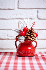 Christmas decoration of the vase at the cafe interior
