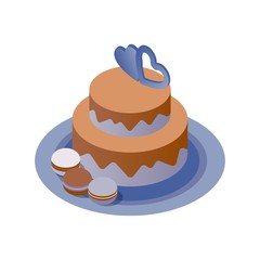 Isometric cake decorated with two hearts and macarons on a plate. Vector isolated on white 3d illustration good for couple engagement and wedding decoration in blue and beige colors