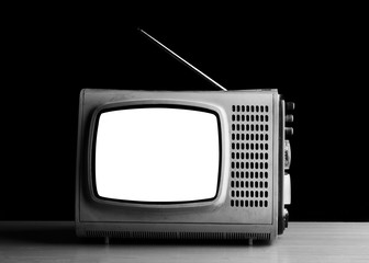 Old TV on a dark background. Old vintage white screen tv for photo montage. Old tv close up....