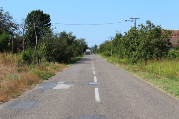 Rural straight paved road between green meadows and trees in summer (central perspective)
