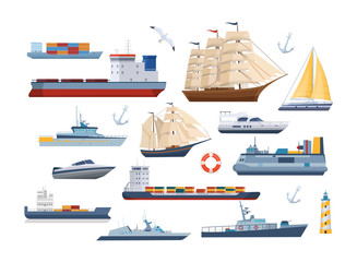 Obraz premium Big set of maritime ships at sea, shipping boats, sail boat, ocean ships, yacht sailing boats, cargo ships. Transportation sailboat, military warship. Water transport boat, vessel vector illustration