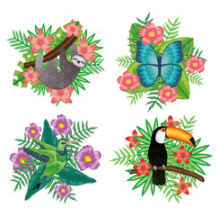 set of beautiful animals with tropical floral decorations