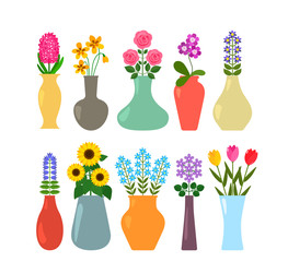 Obraz premium Set of colored vases with blooming flowers for interior design.