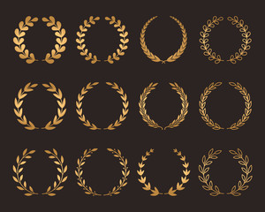 A large set of various laurel golden wreaths. symbol of winner and champion. - obrazy, fototapety, plakaty