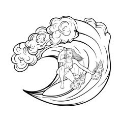 Young surf girl with surfboard riding a wave. Cartoon vector illustration