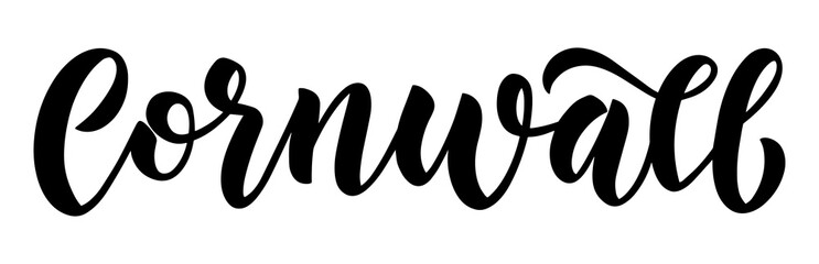 Cornwall. Vector hand lettering element. Neat brush lettering script for county name for posters, greeting cards, postcards, maps. Isolated black and white element.