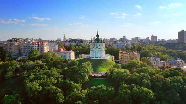 Aerial drone video Famous St. Andrews Church and panorama of Kyiv, Ukraine