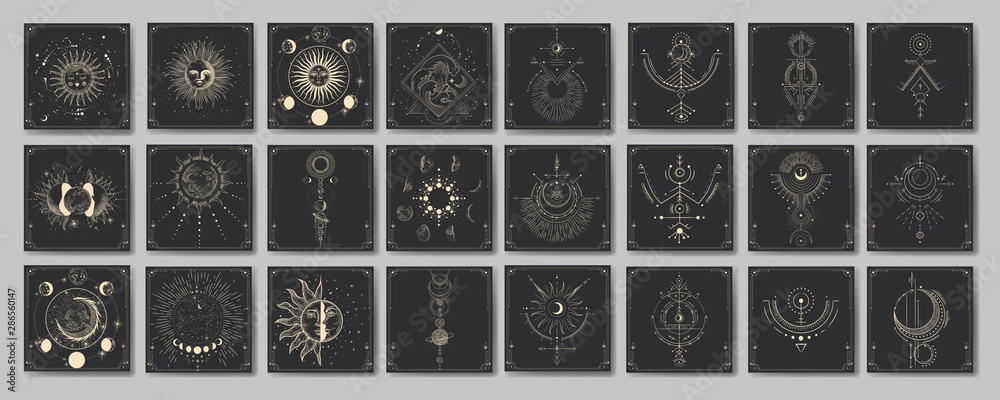 Wall mural vector illustration set of moon phases. different stages of moonlight activity in vintage engraving 