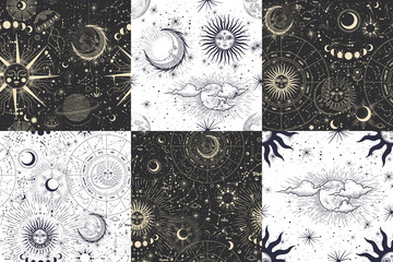 Cotton fabric Vector illustration set of moon phases. Different stages of moonlight activity in vintage engraving style. Zodiac Signs