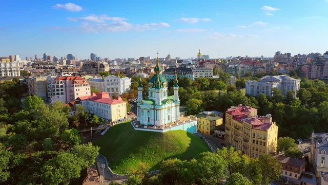 Aerial drone video Famous St. Andrews Church and panorama of Kyiv, Ukraine