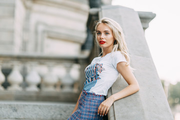 attractions significant places of Germany. beautiful smiling girl in Berlin.