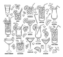 Summer Alcoholic Cocklails Set. Hand Drawn Beverages or Drinks. Engraving Menu or Poster for Beach Party vector illustration. Cosmopolitan, margarita, Pina Colada, Long island, Bloody Mary, mai tai - 286562532