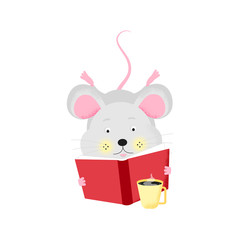 Isolated cute cartoon Mouse reading a book, a cup