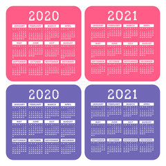 Calendar set 2020 and 2021. Square vector calender design template. English color collection. Week starts on Sunday. New year