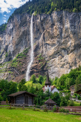 Fototapeta na wymiar View of Lauterbrunnen with Staubbach Falls, Interlaken-Oberhasli, Bern, Switzerland