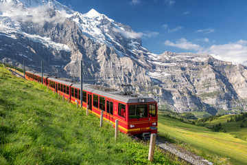 Train from the Jungfrau railway near Kleine Scheidegg, Bernese Oberland, Switzerland - obrazy, fototapety, plakaty
