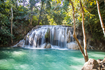 Fototapeta na wymiar Erawan waterfall views in Kanchanaburi in Thailand