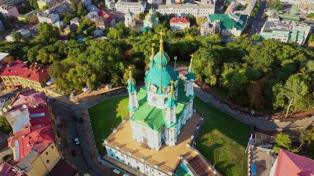 Aerial drone video Famous St. Andrews Church and panorama of Kyiv, Ukraine